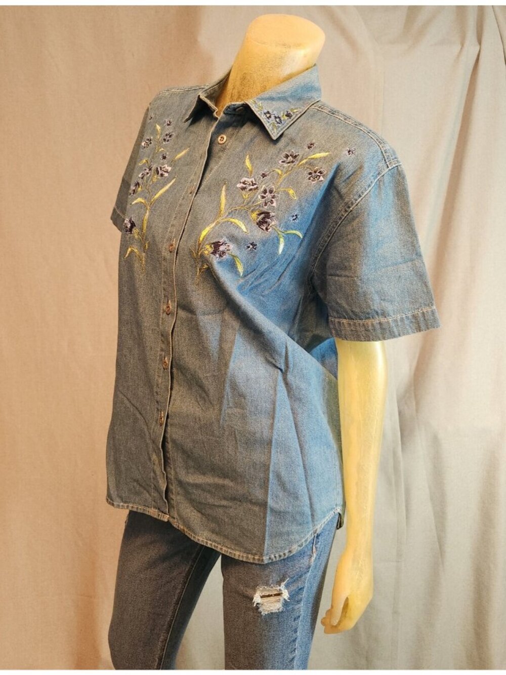Capacity Petites Denim Blue Floral Button 90s Blouse Shirt Top Womens MEDIUM - Picture 3 of 6